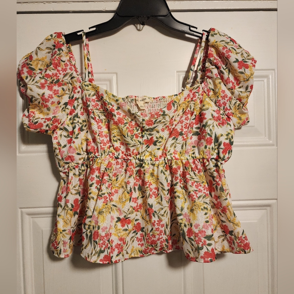 Nwot Moa Moa Peasant Blouse Size L Floral Cut Out Tie Back Ruffle Peplum